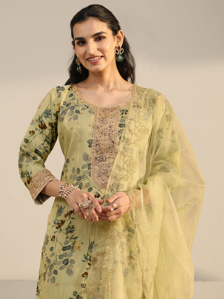 Libas Light Sage Green Floral Printed Silk Blend Straight Suit Set