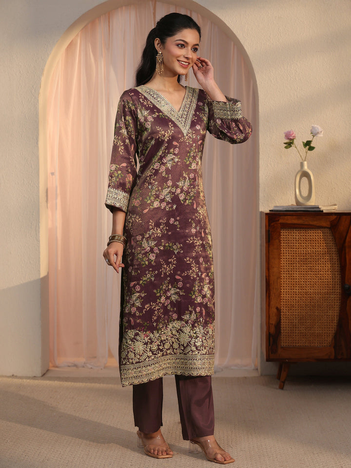 Libas Burgundy Floral Printed Silk Blend Straight Suit Set