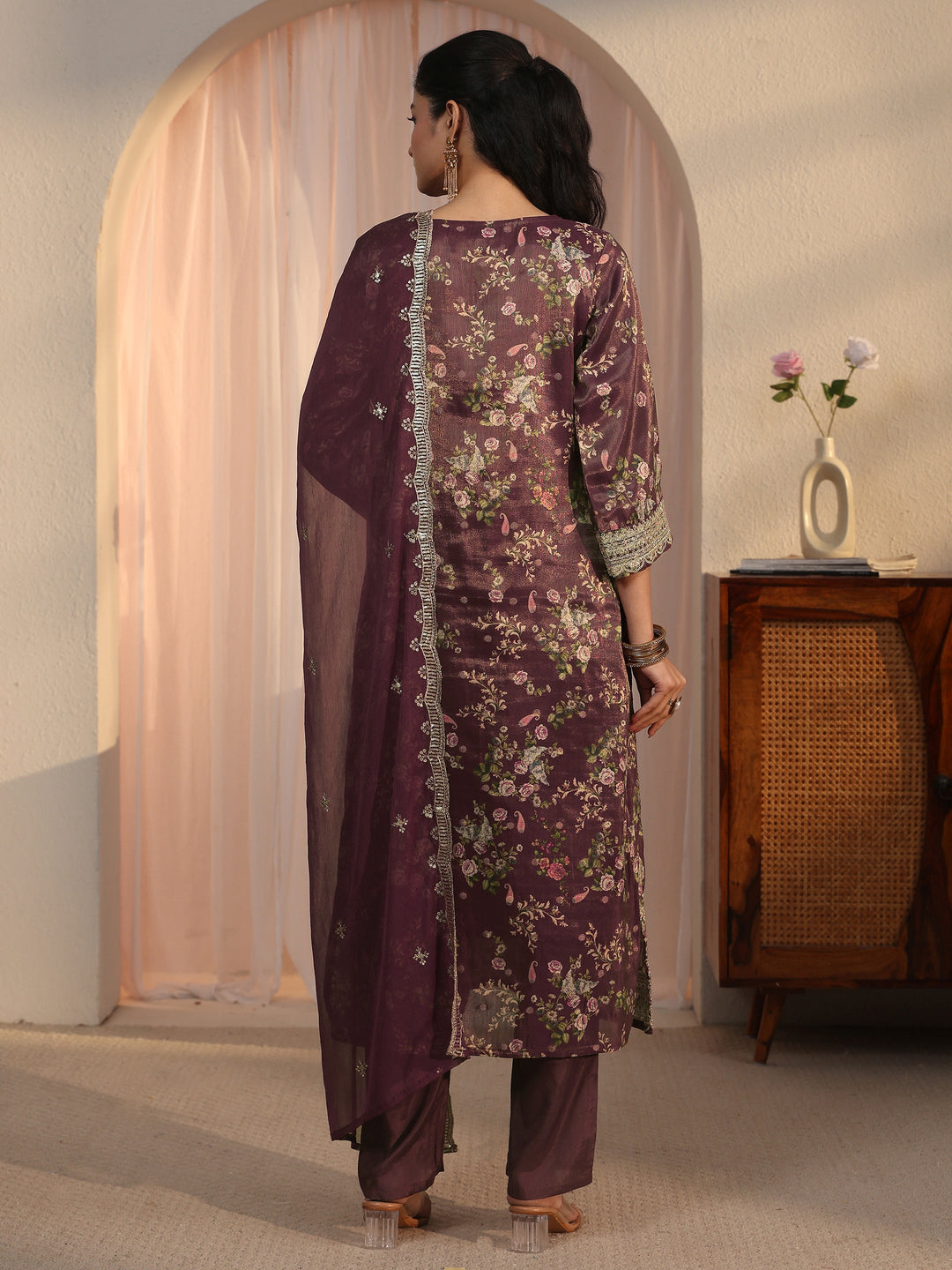 Libas Burgundy Floral Printed Silk Blend Straight Suit Set