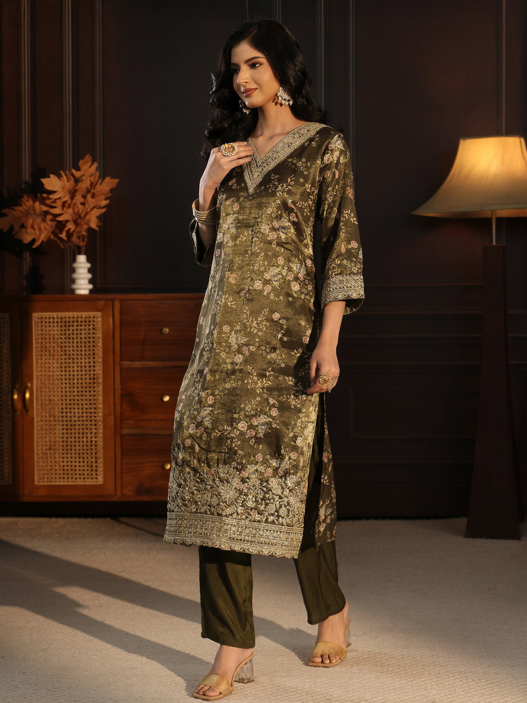 Libas Green Floral Printed Silk Blend Straight Suit Set