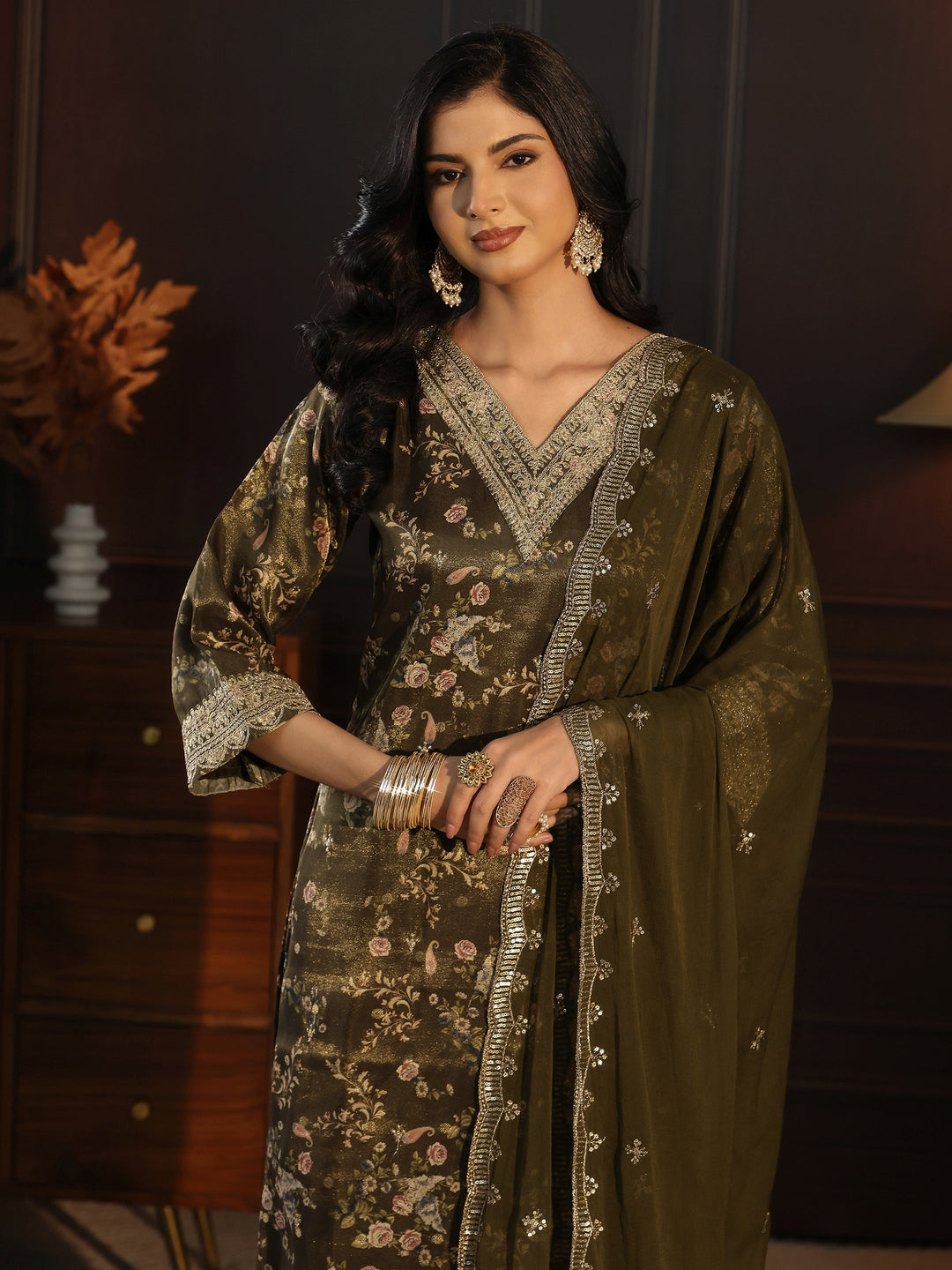 Libas Green Floral Printed Silk Blend Straight Suit Set