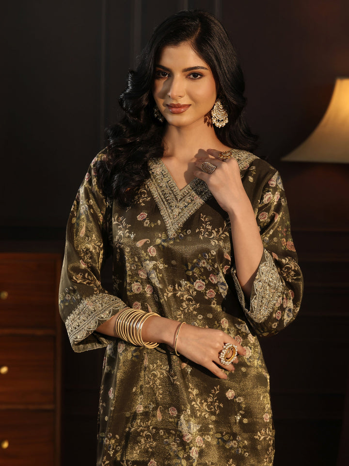 Libas Green Floral Printed Silk Blend Straight Suit Set