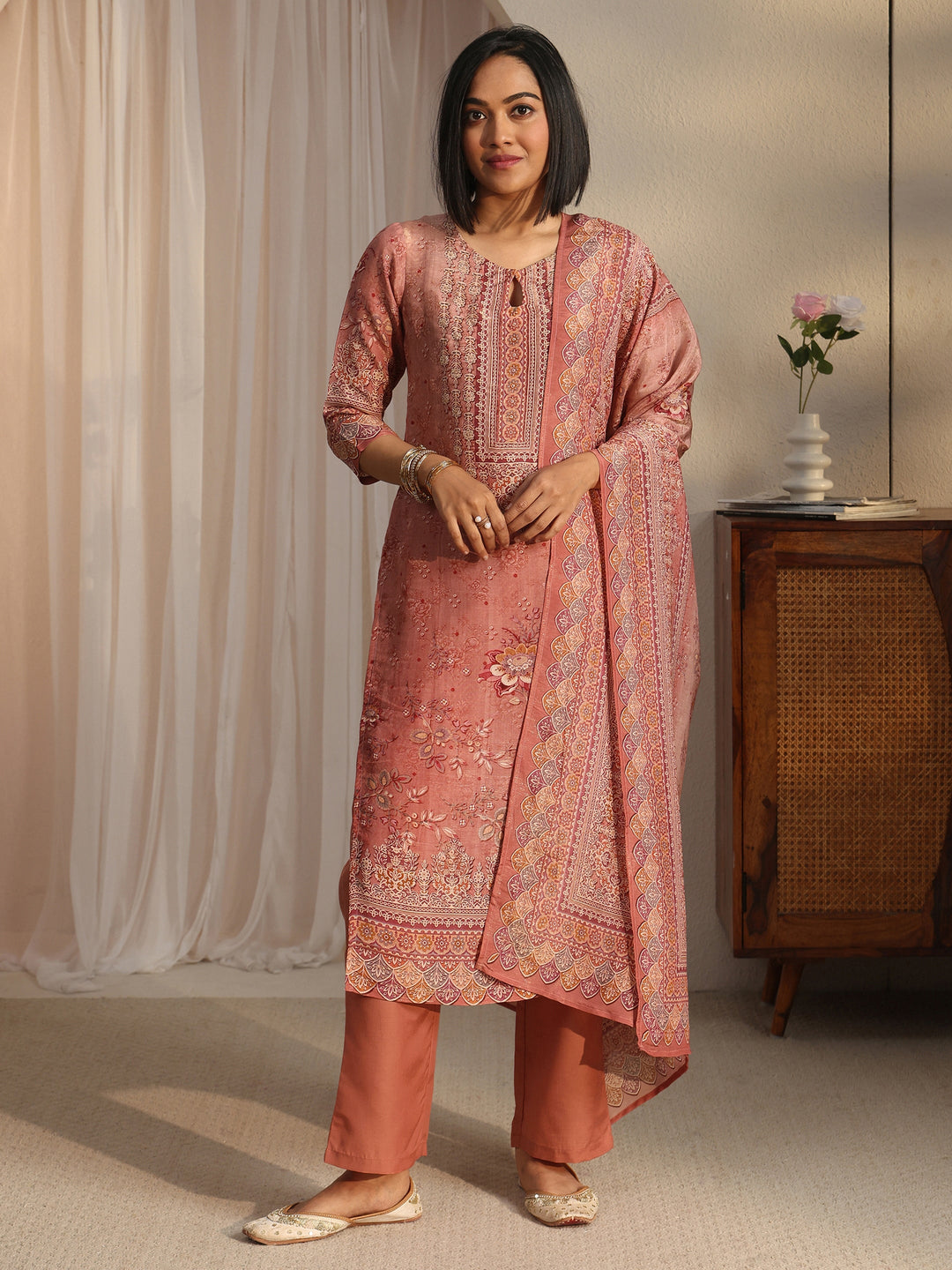 Libas Peach Pink Floral Printed Silk Blend Straight Suit Set