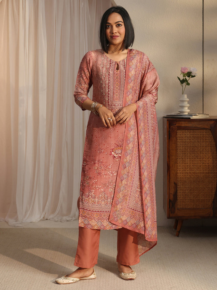 Libas Peach Pink Floral Printed Silk Blend Straight Suit Set