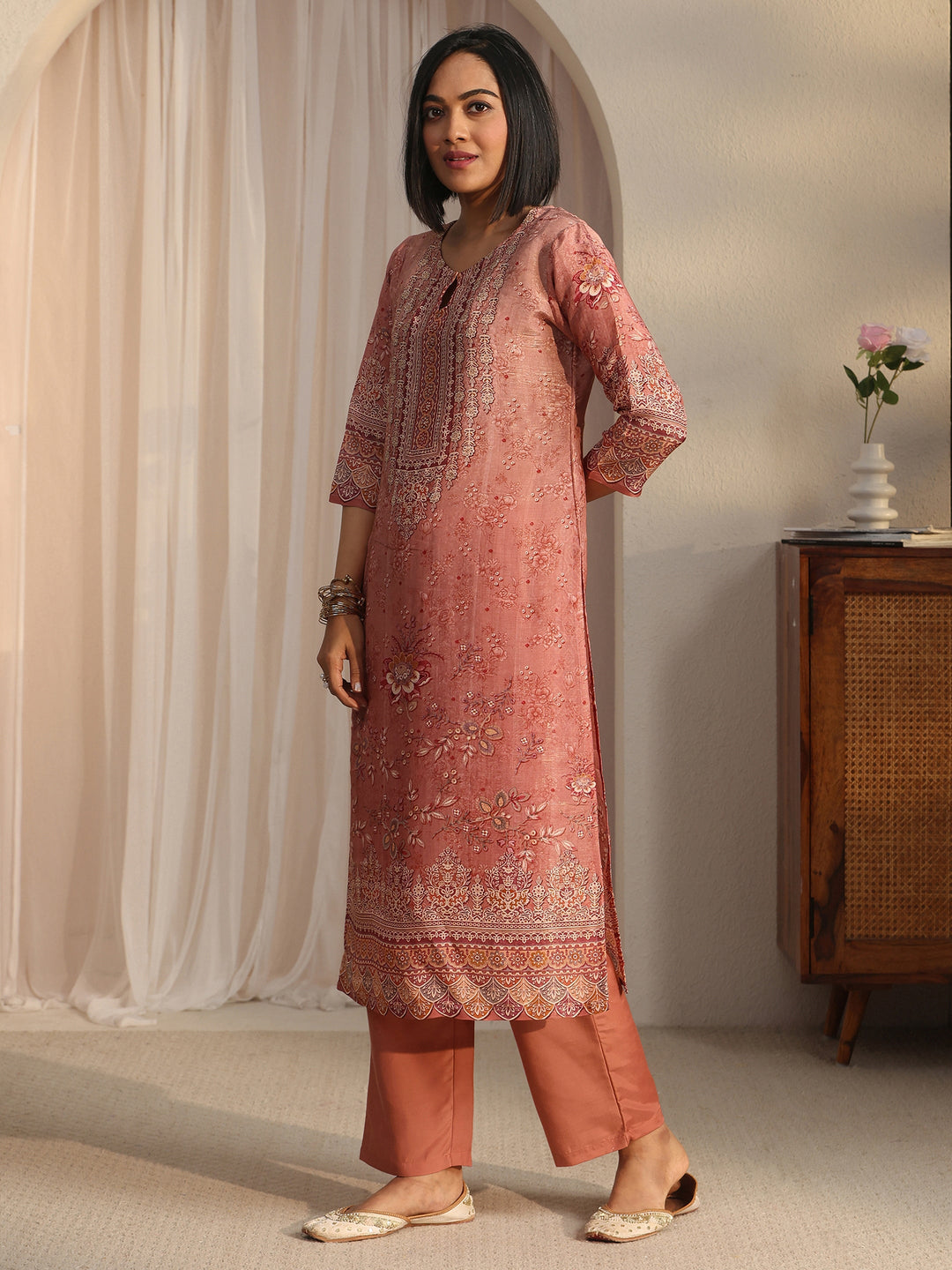 Libas Peach Pink Floral Printed Silk Blend Straight Suit Set