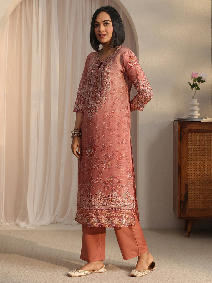 Libas Peach Pink Floral Printed Silk Blend Straight Suit Set