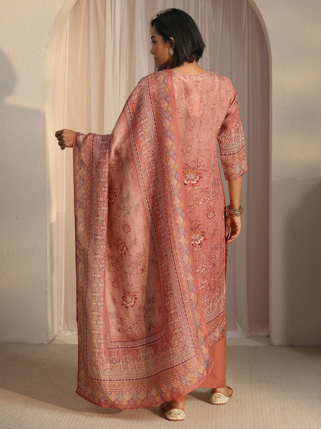 Libas Peach Pink Floral Printed Silk Blend Straight Suit Set