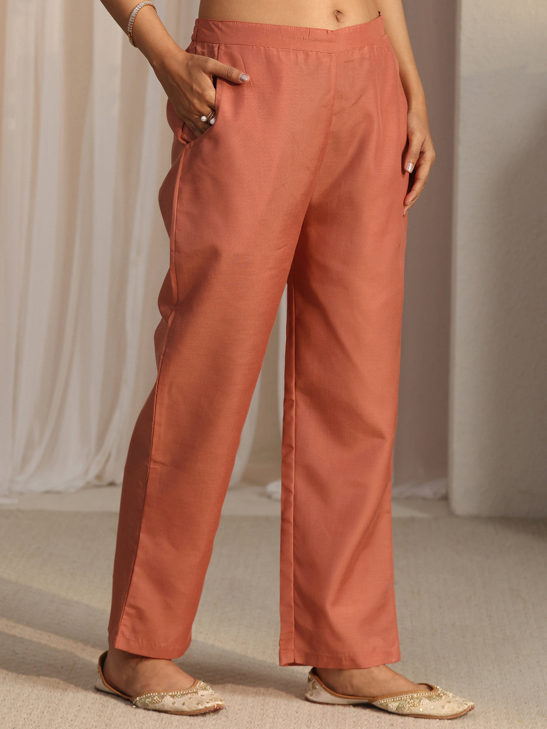 Libas Peach Pink Floral Printed Silk Blend Straight Suit Set