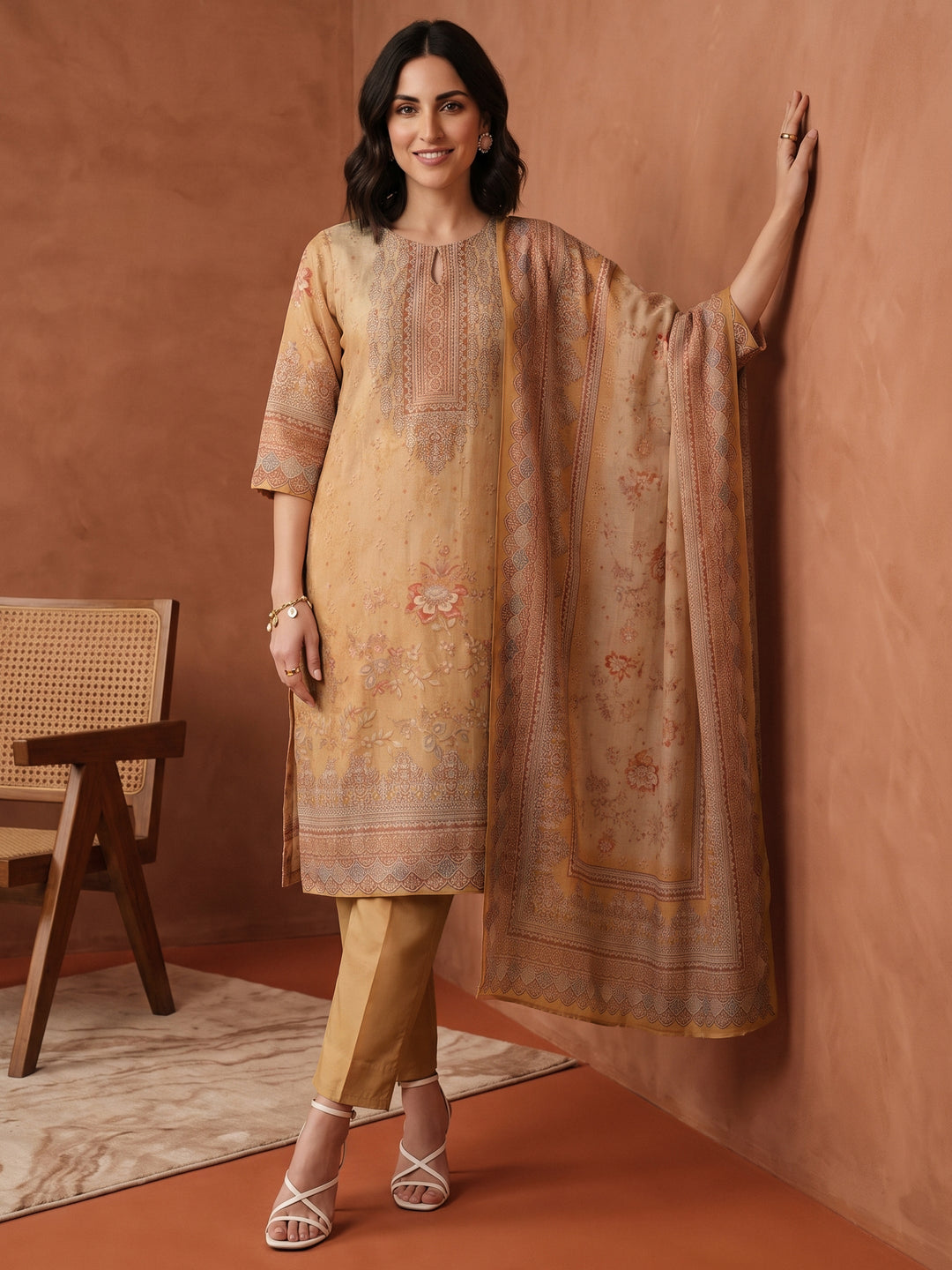 Libas Yellow Floral Printed Silk Blend Straight Suit Set