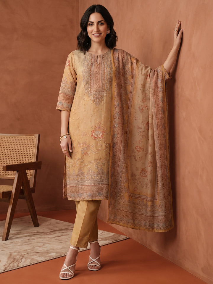 Libas Yellow Floral Printed Silk Blend Straight Suit Set