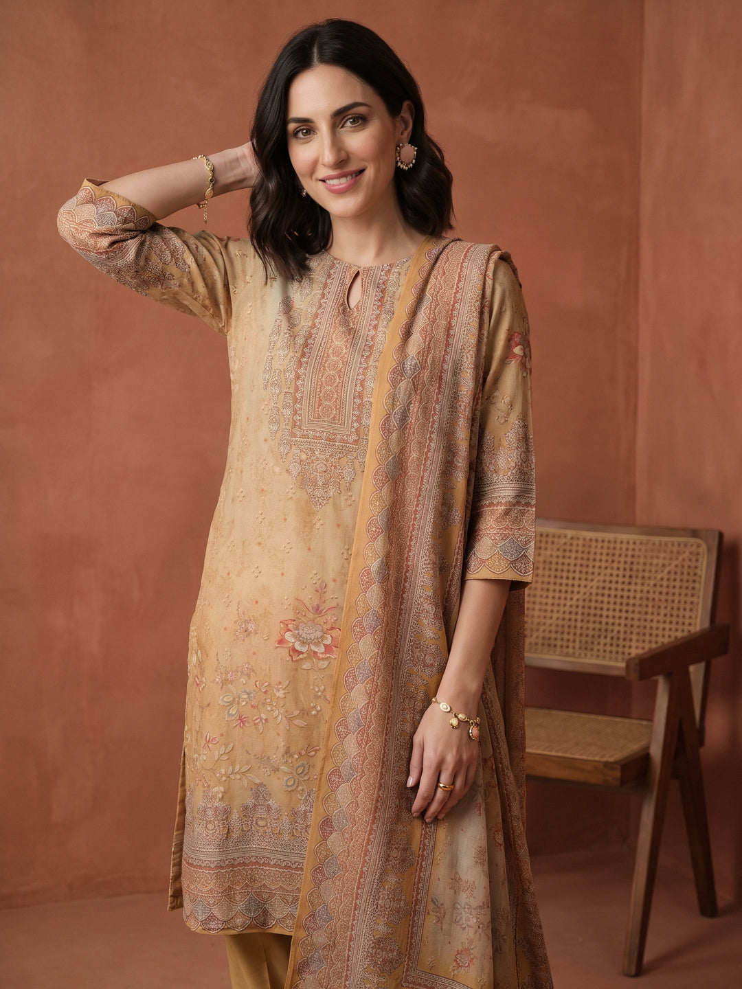 Libas Yellow Floral Printed Silk Blend Straight Suit Set