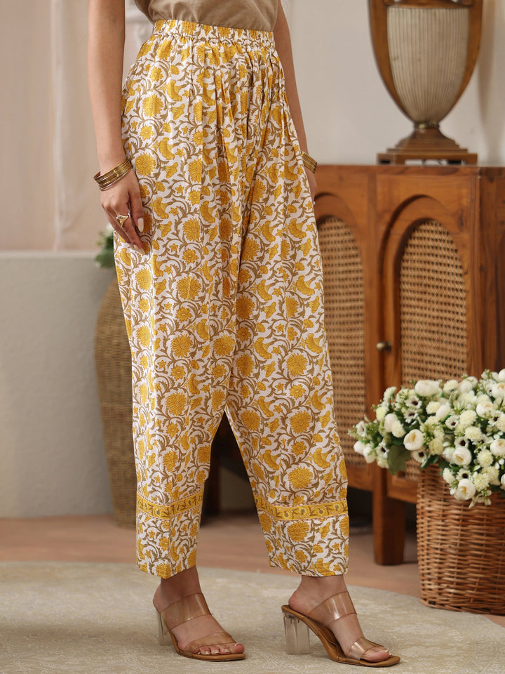 White and Yellow Floral Block Printed Cotton Straight Suit Set