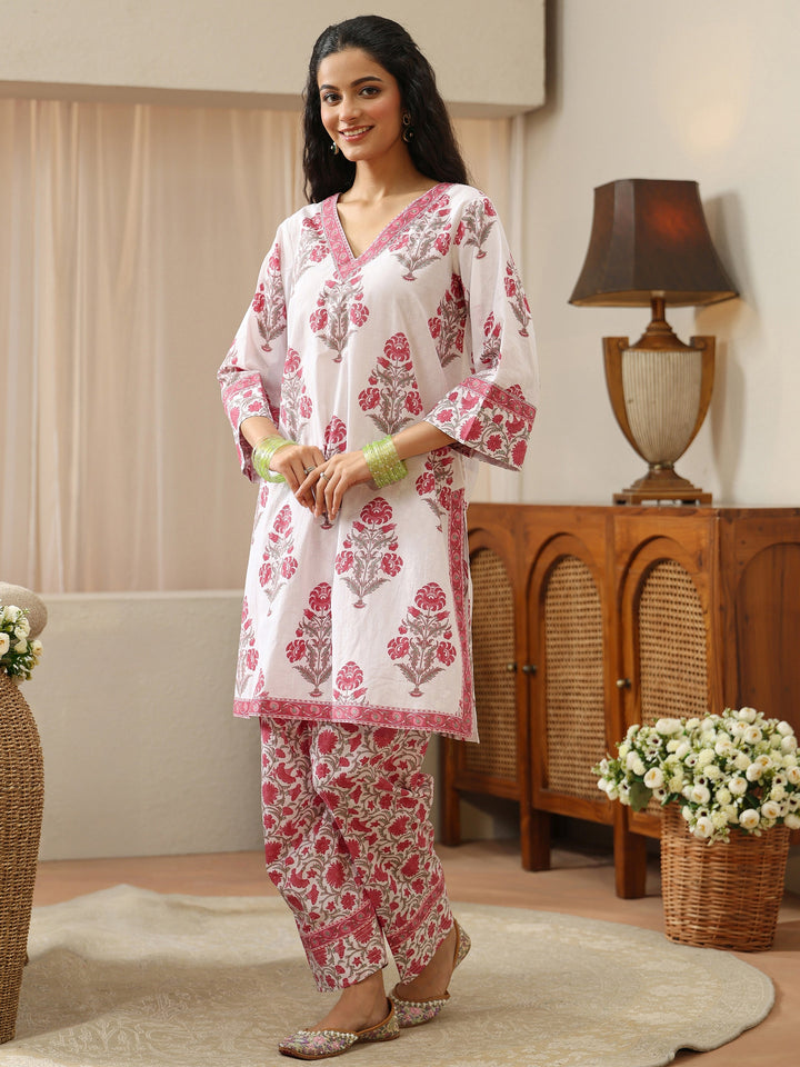 White and Pink Floral Block Printed Cotton Straight Suit Set