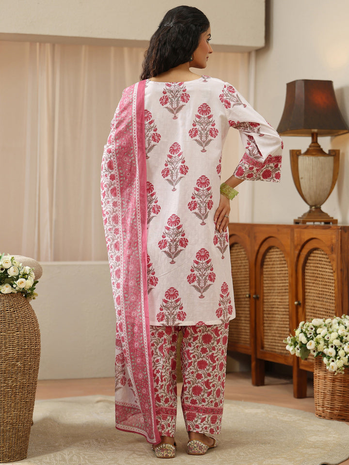 White and Pink Floral Block Printed Cotton Straight Suit Set
