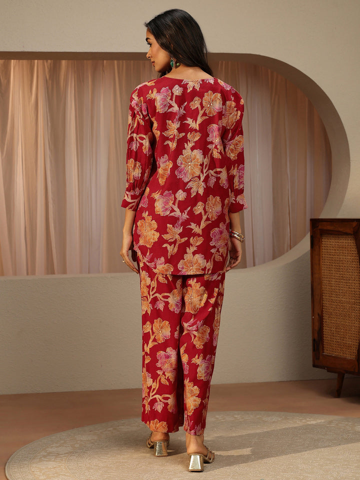 Red Floral Printed Silk Blend Co-Ord Set
