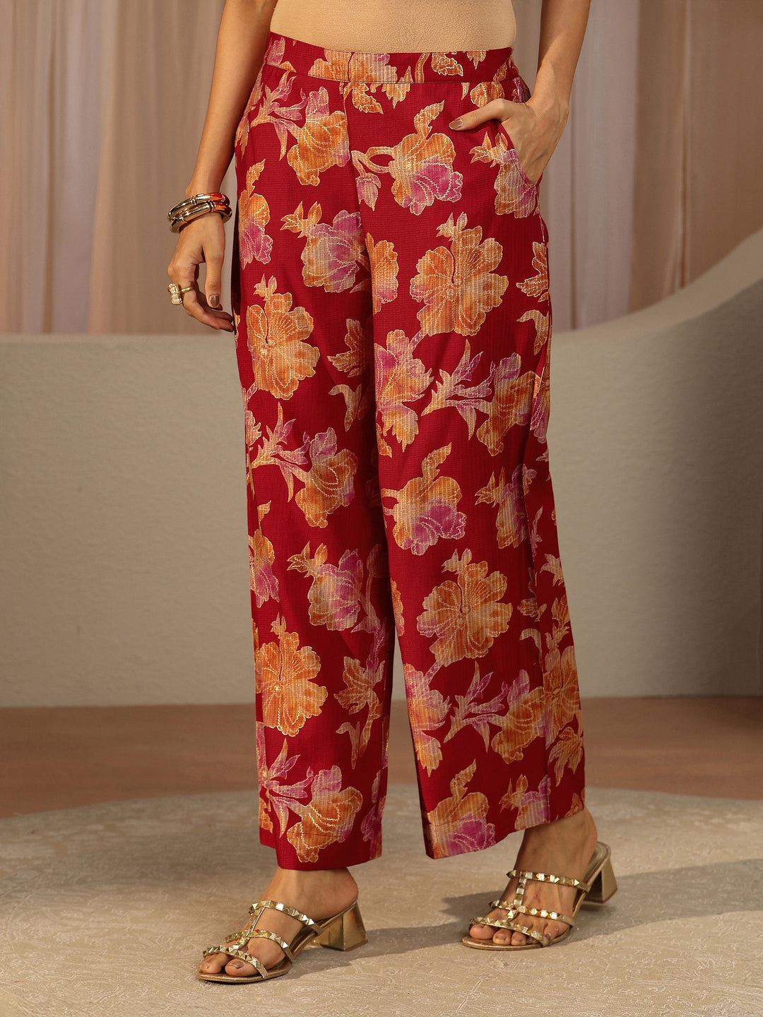 Red Floral Printed Silk Blend Co-Ord Set