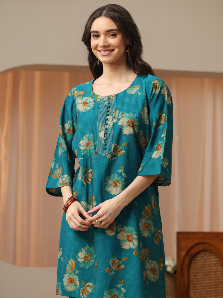 Persian Blue Floral Printed Silk Blend Co-Ord Set