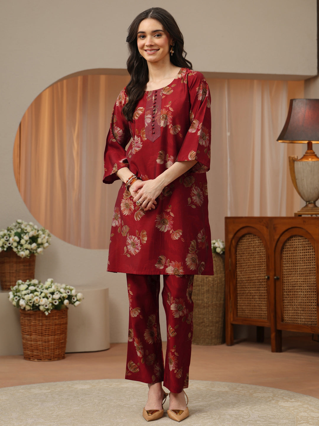 Brick Red Floral Printed Silk Blend Co-Ord Set