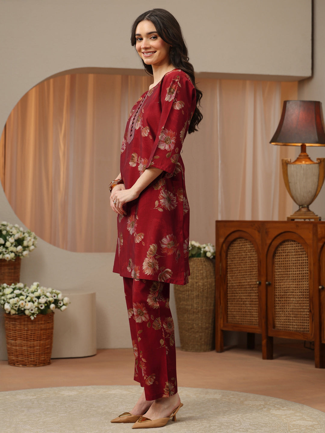 Brick Red Floral Printed Silk Blend Co-Ord Set