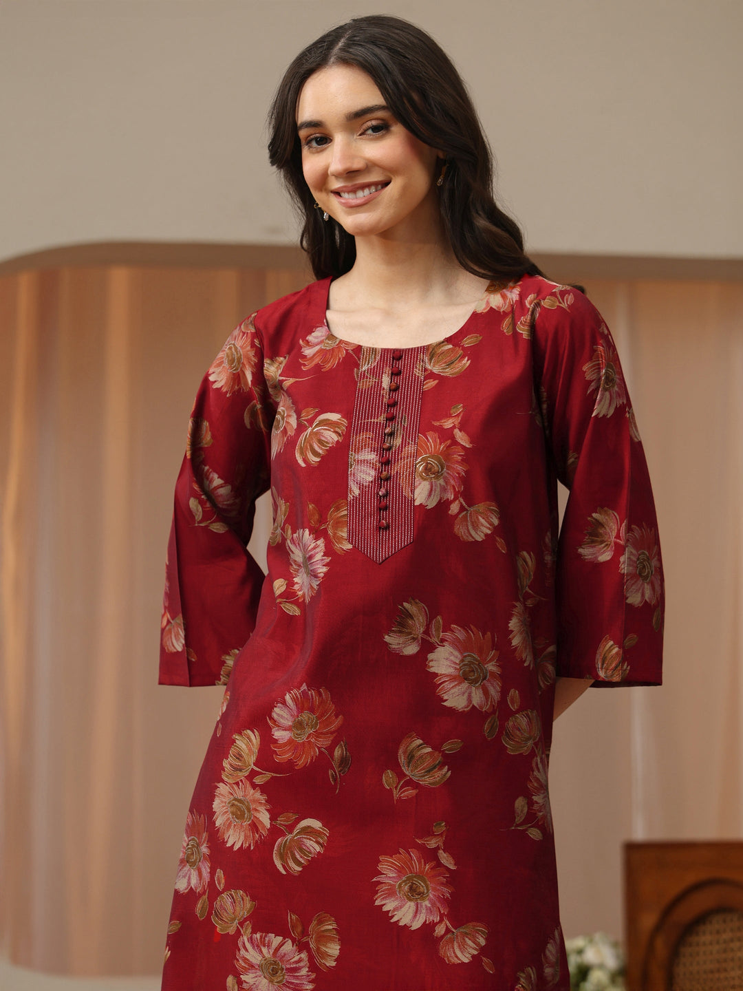 Brick Red Floral Printed Silk Blend Co-Ord Set