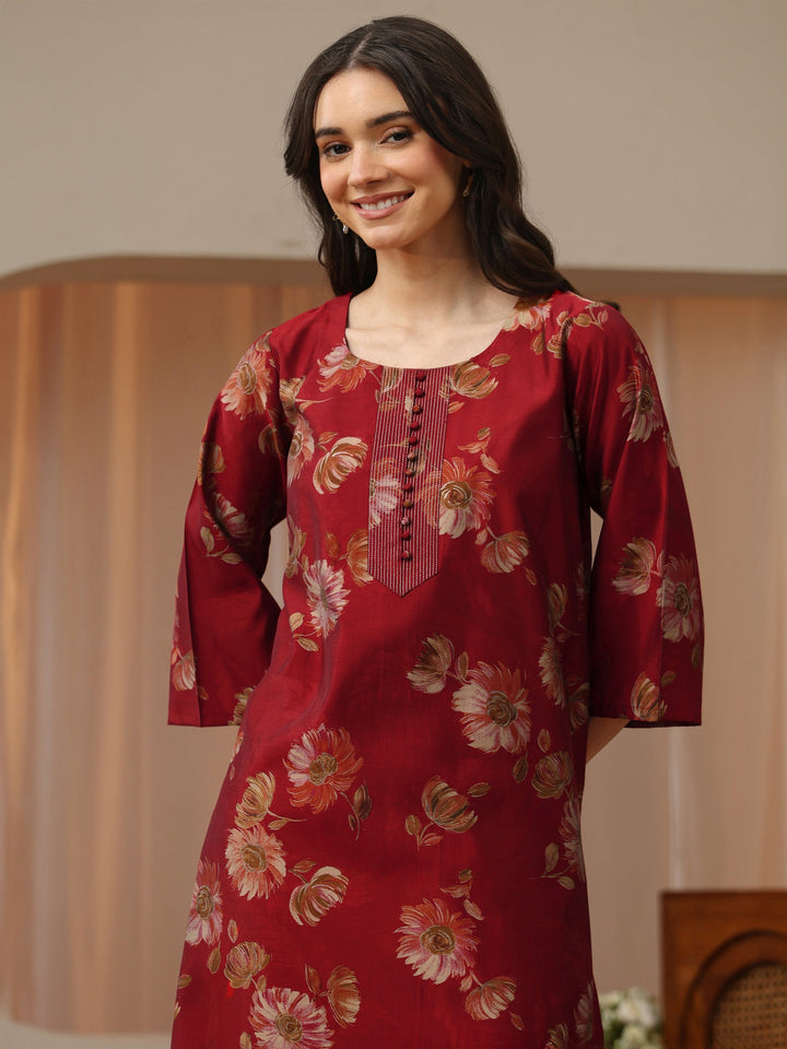 Brick Red Floral Printed Silk Blend Co-Ord Set