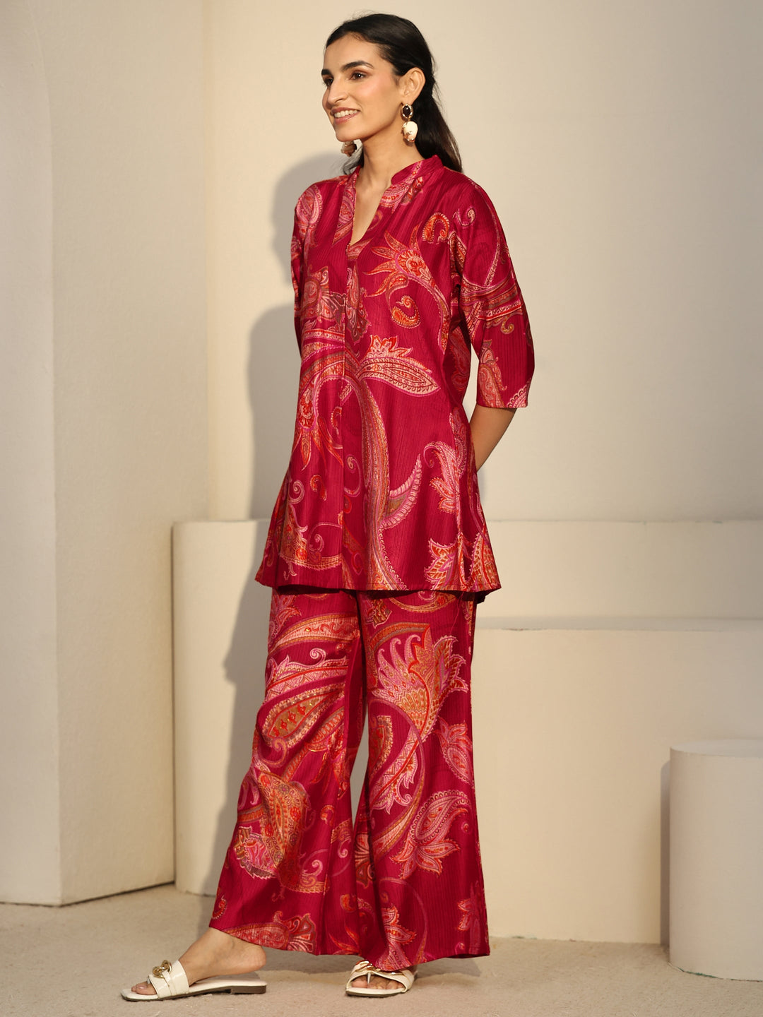 Libas Ruby Red Paisley Printed Silk Blend Co-Ord Set