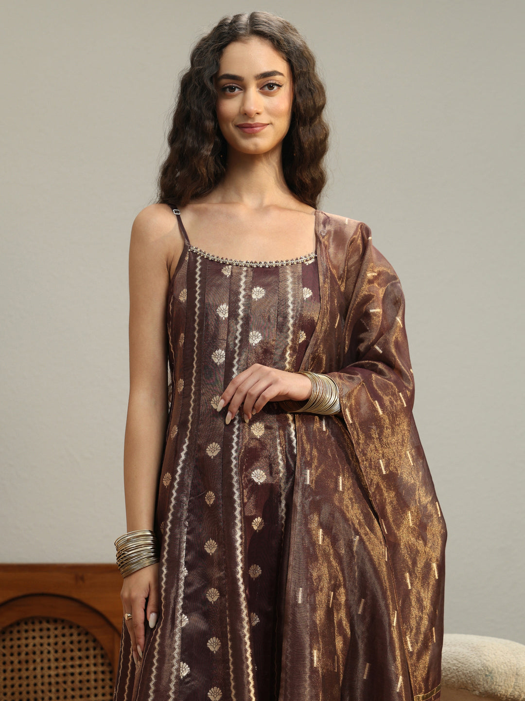 Mahogany Brown Woven Design Chanderi Silk A-Line Suit Set