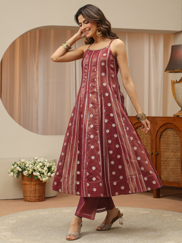 Terracotta Red Woven Design Chanderi Silk A-Line Suit Set