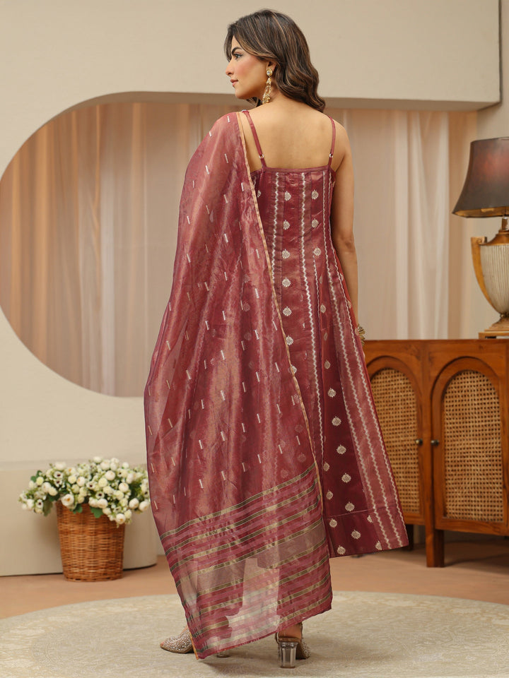 Terracotta Red Woven Design Chanderi Silk A-Line Suit Set