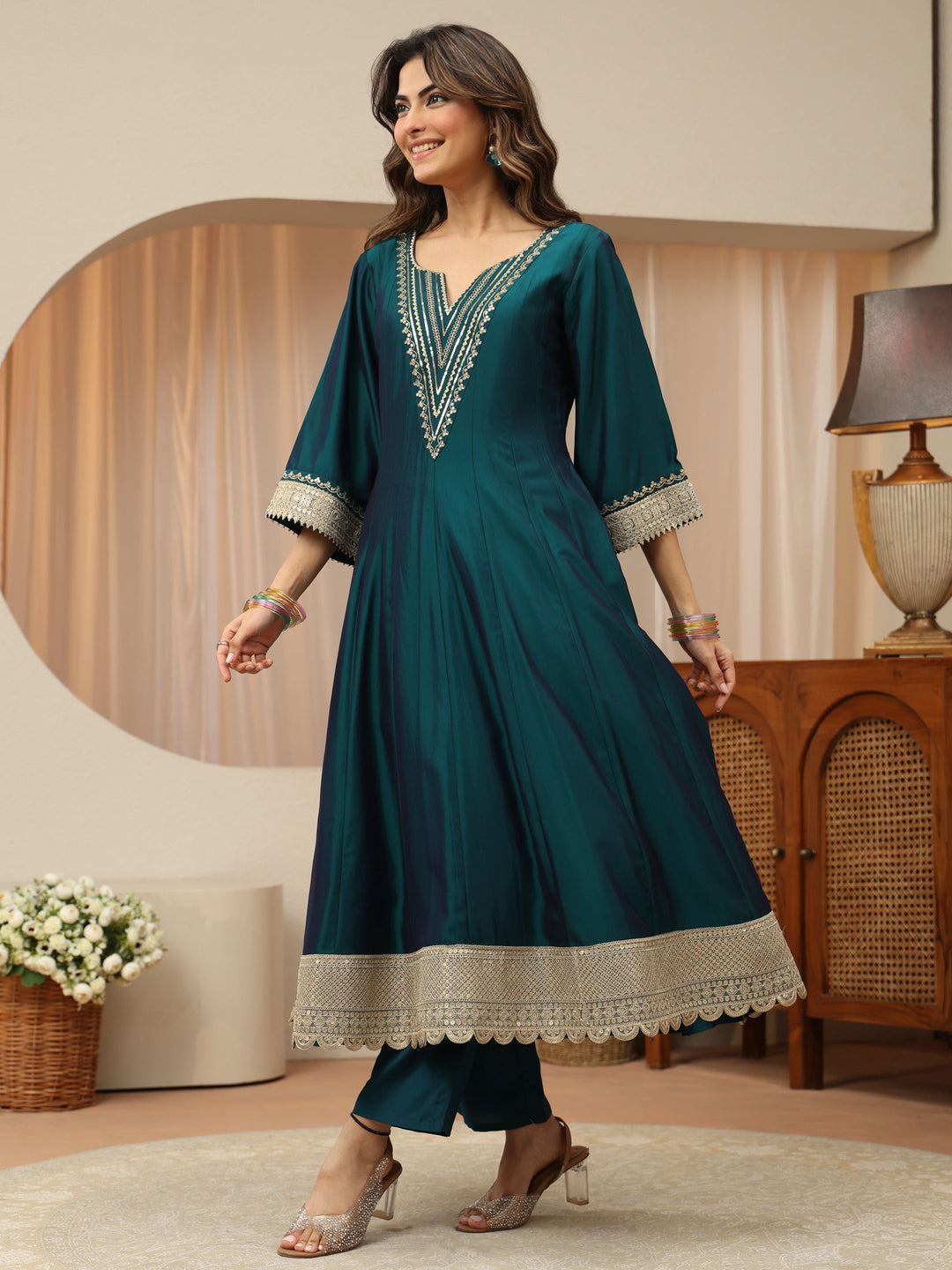 Teal Yoke Design Silk Blend Anarkali Suit Set