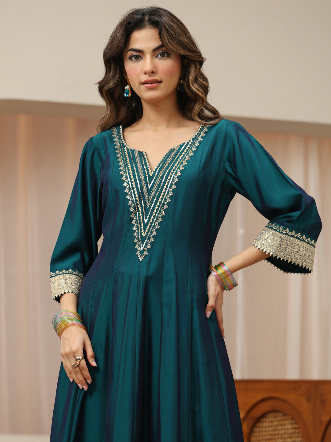Teal Yoke Design Silk Blend Anarkali Suit Set