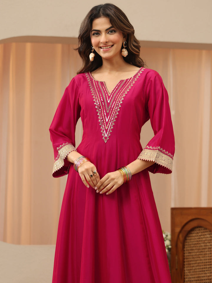Pink Yoke Design Silk Blend Anarkali Suit Set
