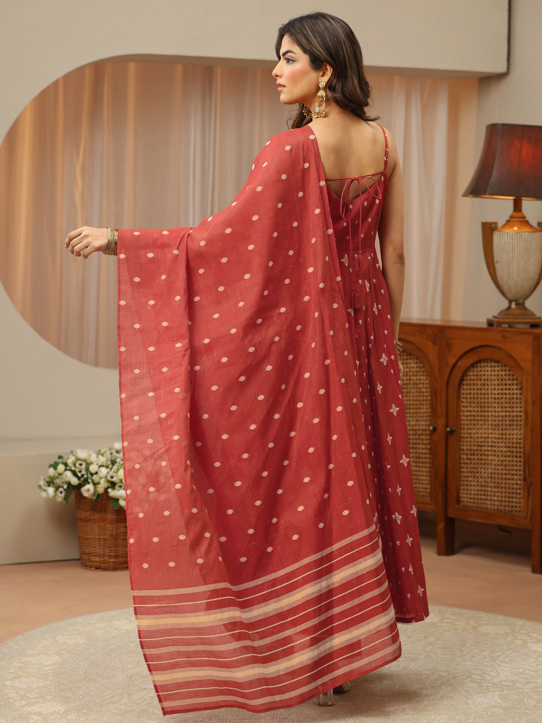 Earthy Red Woven Design Chanderi Silk Anarkali Suit Set