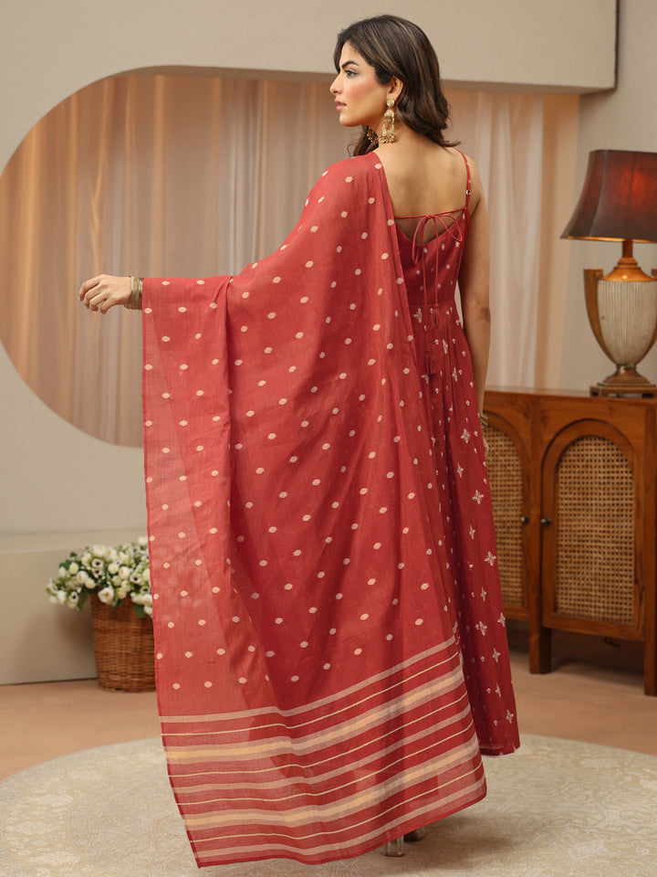 Earthy Red Woven Design Chanderi Silk Anarkali Suit Set