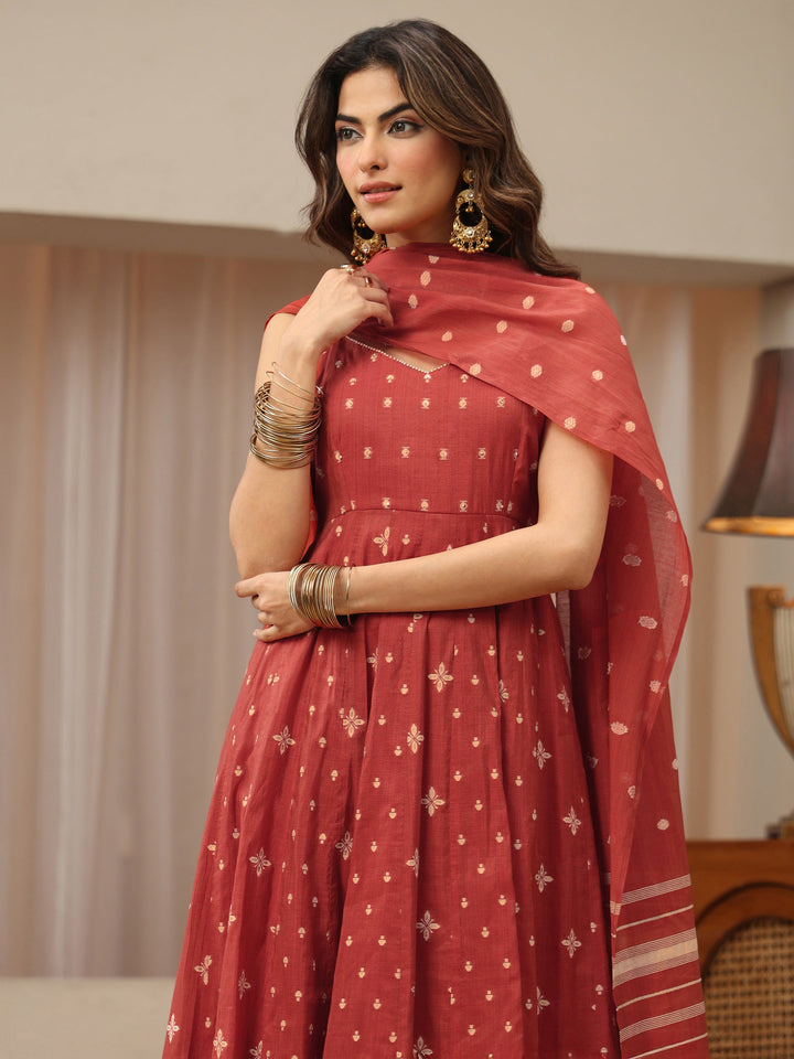 Earthy Red Woven Design Chanderi Silk Anarkali Suit Set