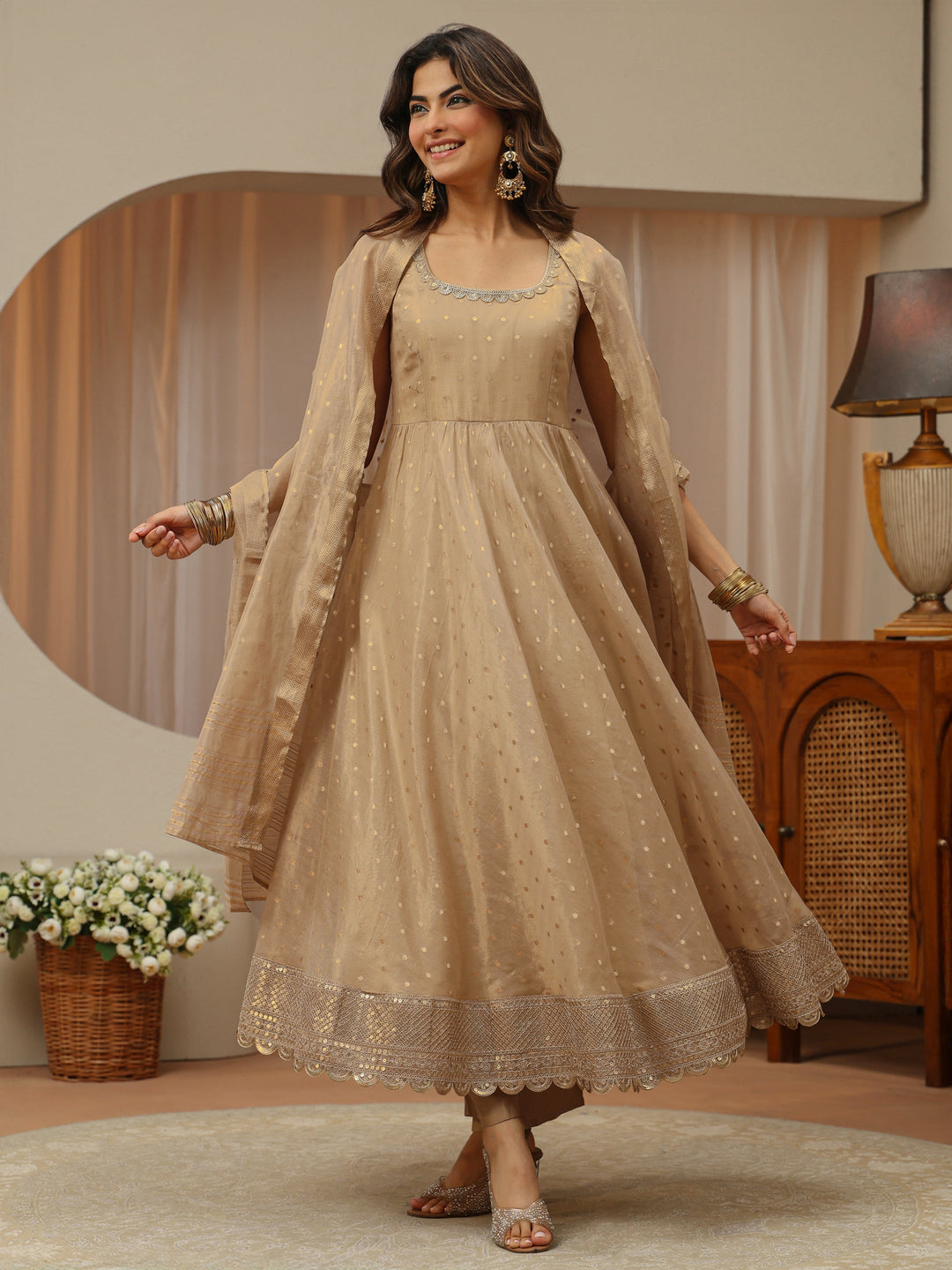 Beige Woven Design Chanderi Silk Sleeveless Anarkali Suit Set