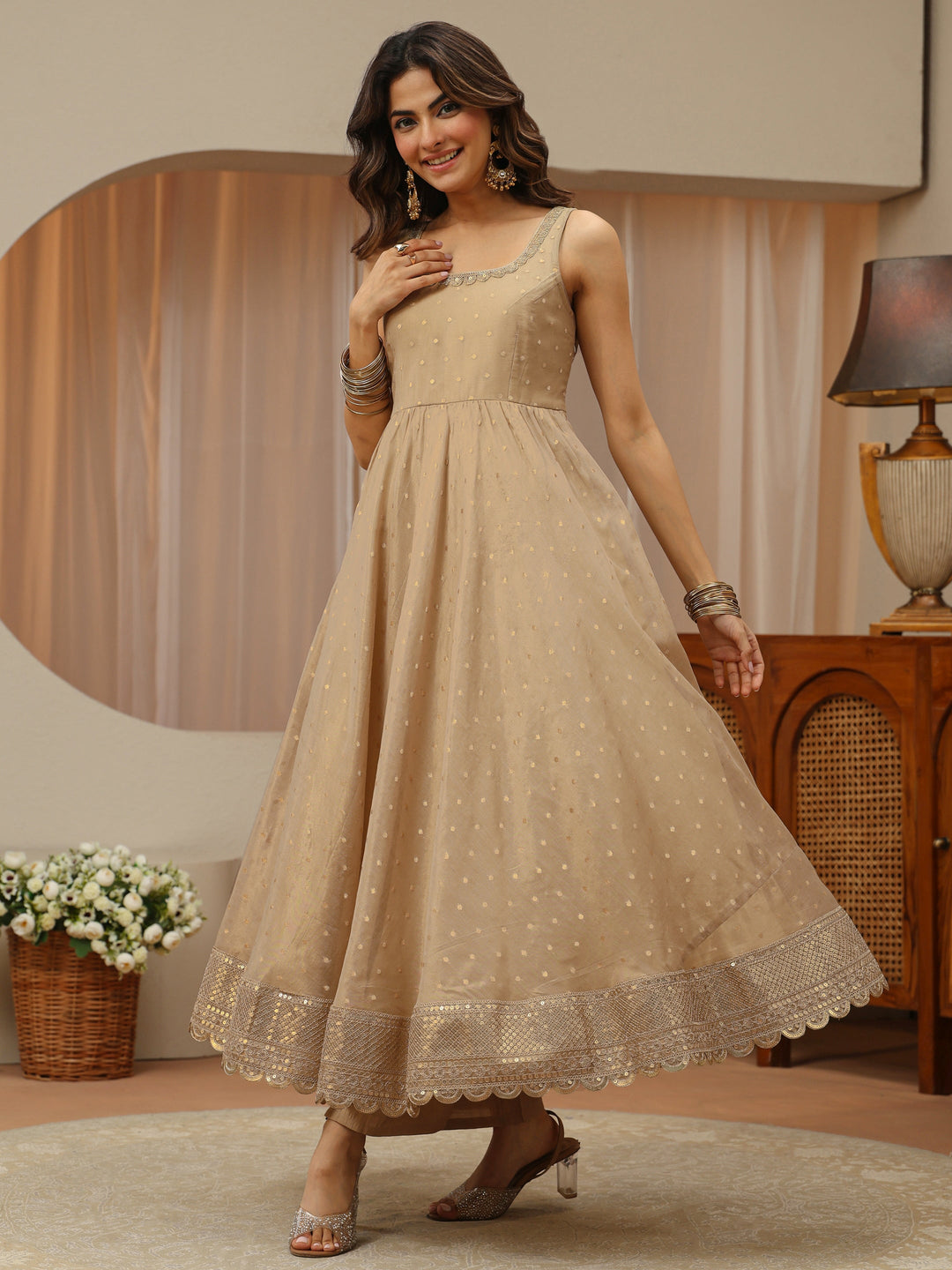 Beige Woven Design Chanderi Silk Sleeveless Anarkali Suit Set