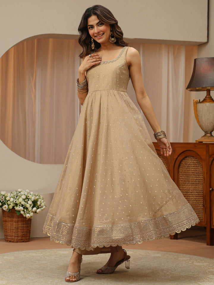 Beige Woven Design Chanderi Silk Sleeveless Anarkali Suit Set
