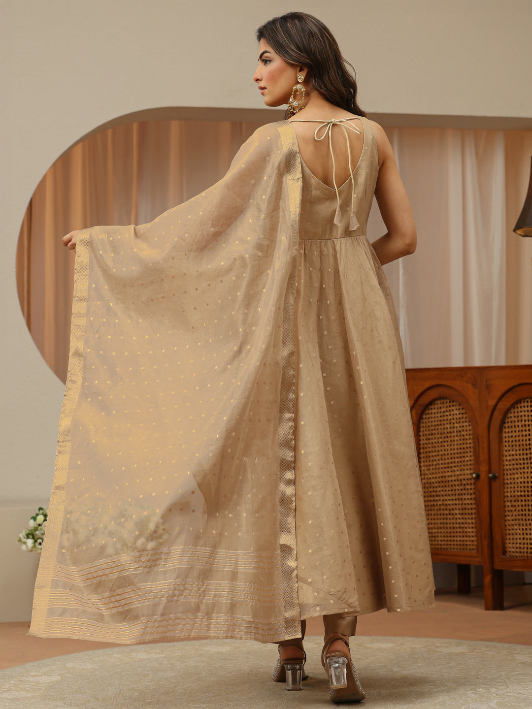 Beige Woven Design Chanderi Silk Sleeveless Anarkali Suit Set