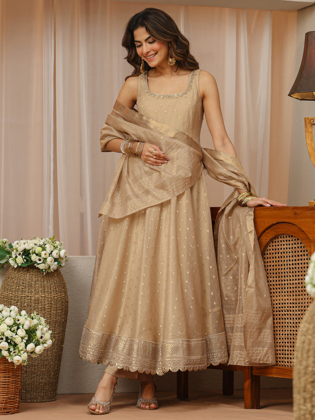Beige Woven Design Chanderi Silk Sleeveless Anarkali Suit Set