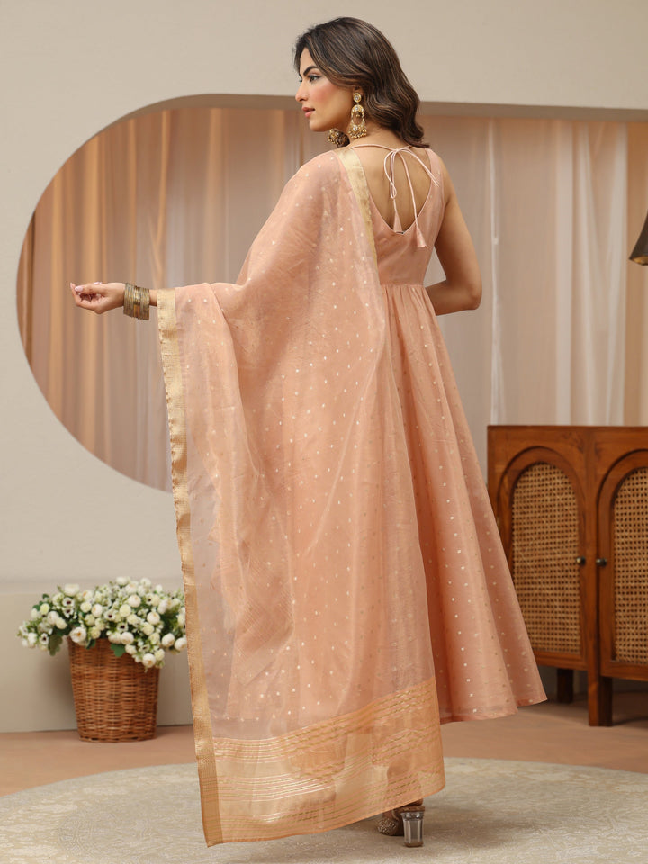 Blush Peach Woven Design Chanderi Silk Sleeveless Anarkali Suit Set