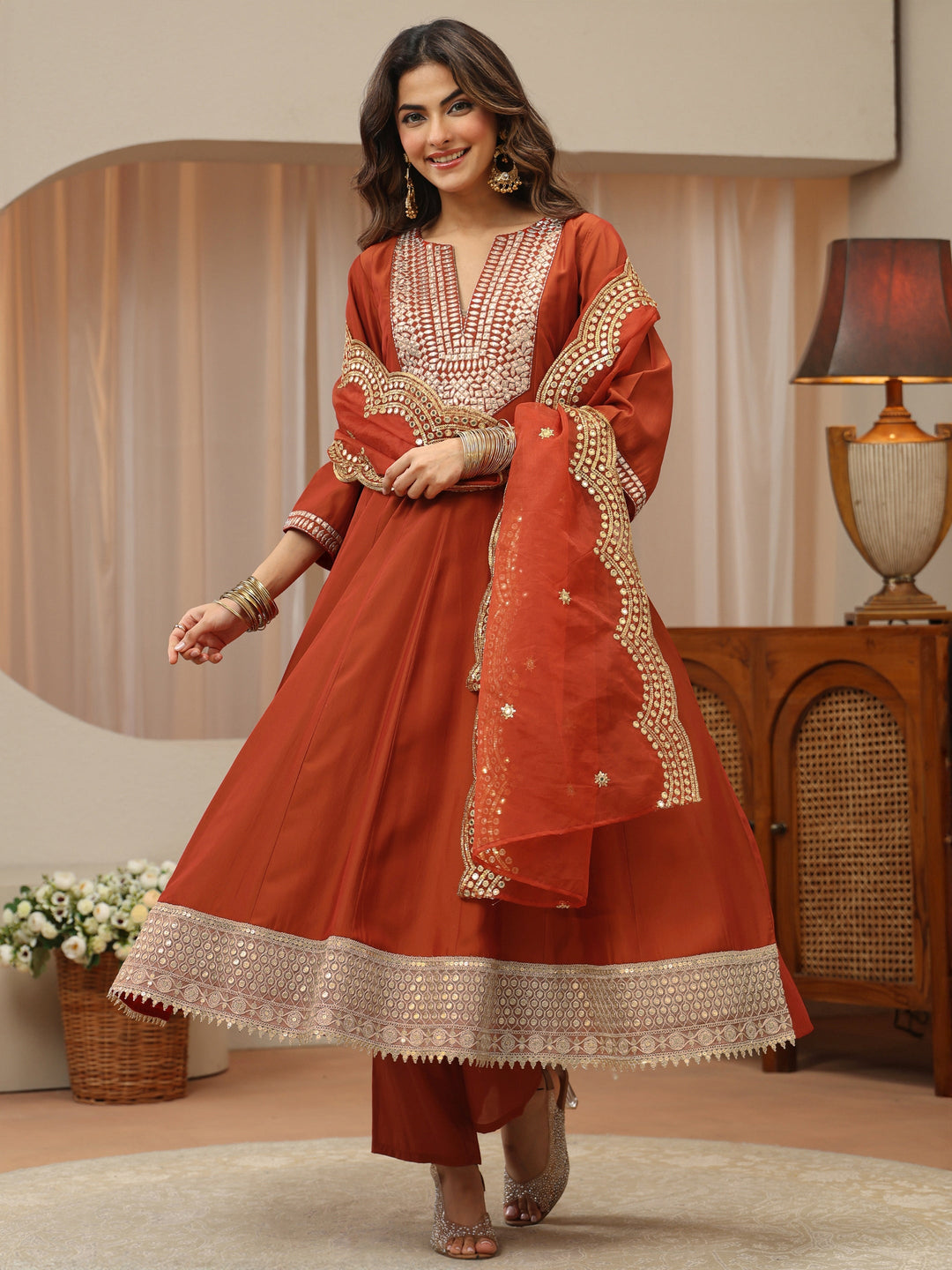 Rust Mirror Work Yoke Silk Blend Anarkali Suit Set