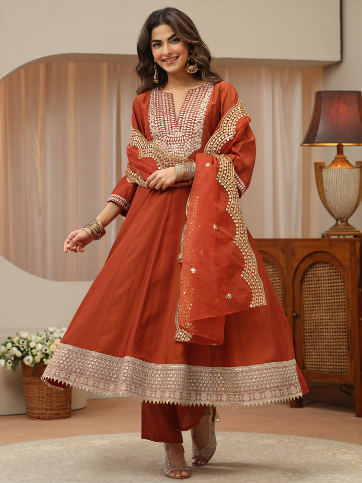 Rust Mirror Work Yoke Silk Blend Anarkali Suit Set