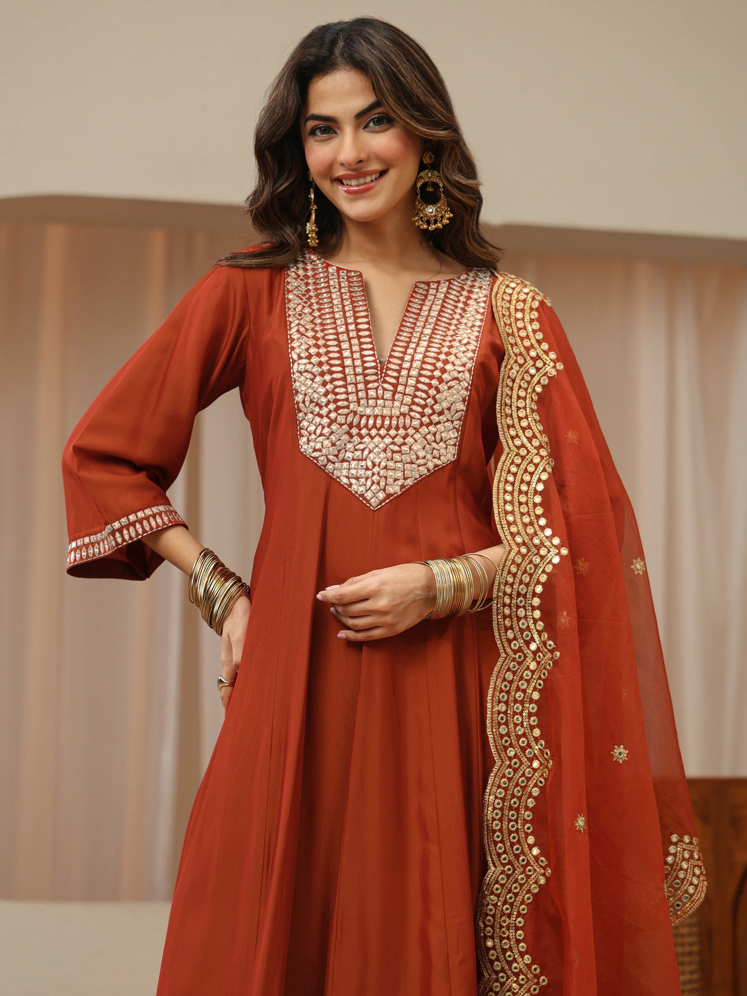 Rust Mirror Work Yoke Silk Blend Anarkali Suit Set
