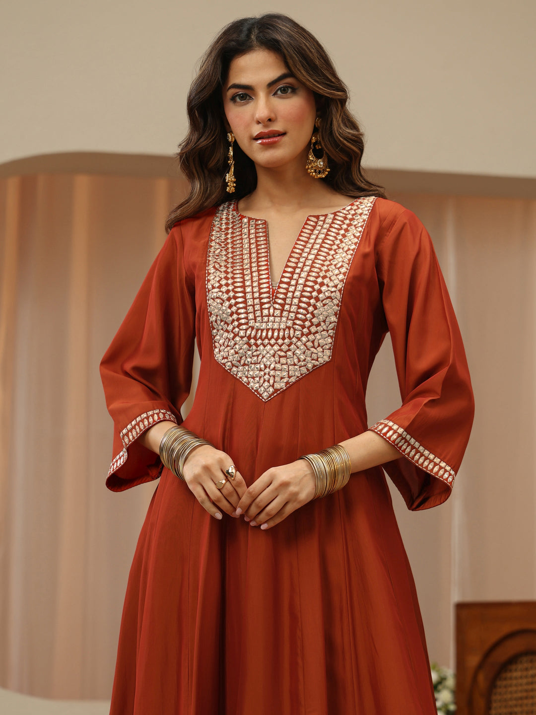 Rust Mirror Work Yoke Silk Blend Anarkali Suit Set