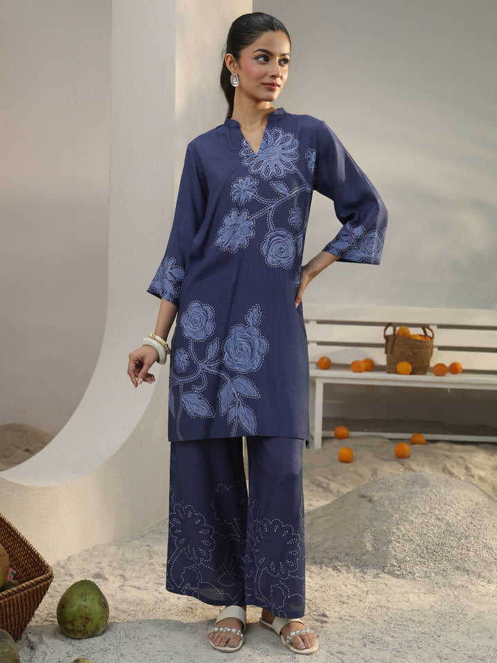 Blue Floral Printed Linen Co-Ord Set