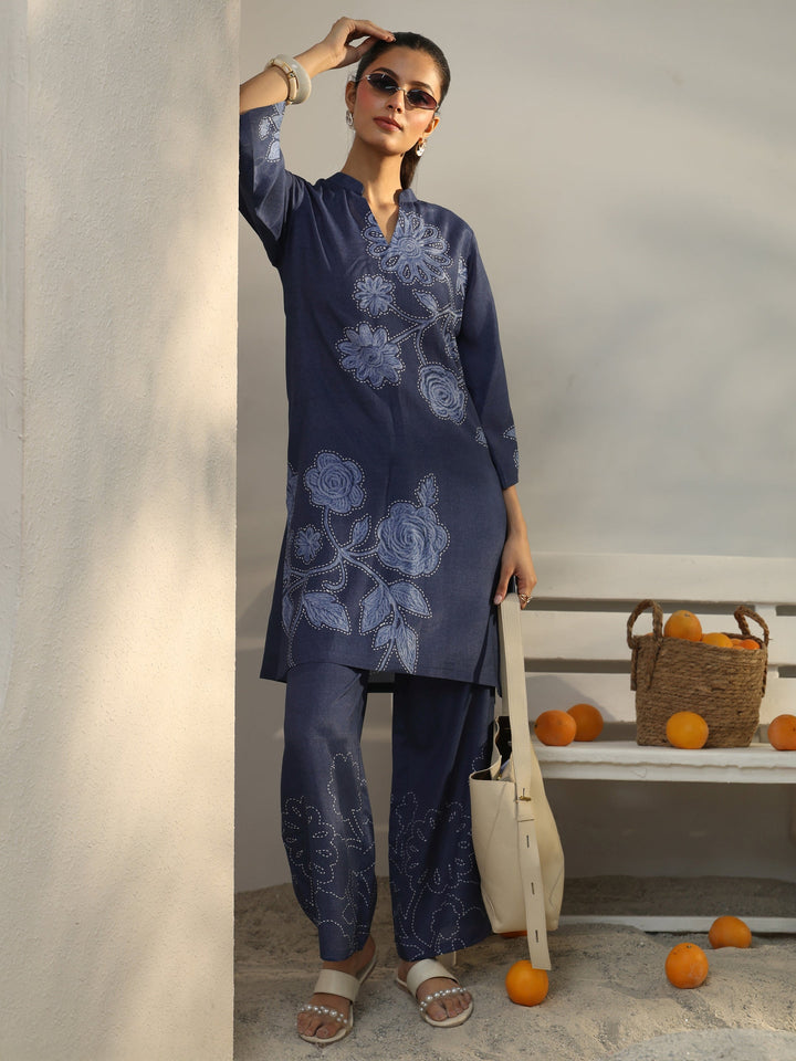 Blue Floral Printed Linen Co-Ord Set