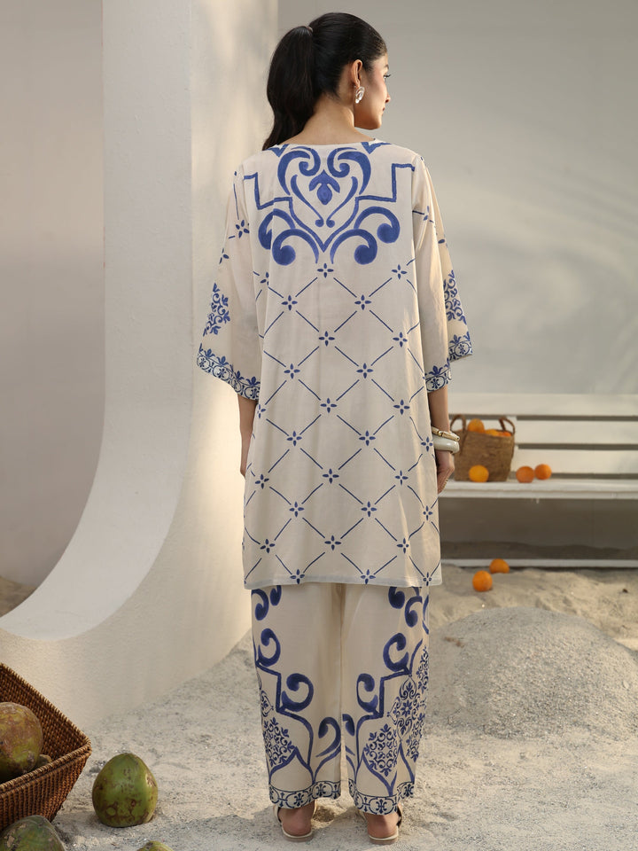 Off White Ethnic Printed Viscose Co-Ord Set