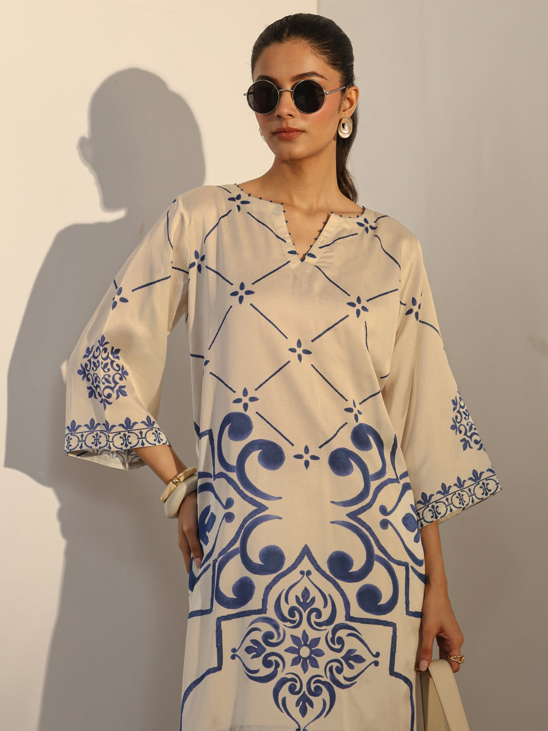 Off White Ethnic Printed Viscose Co-Ord Set