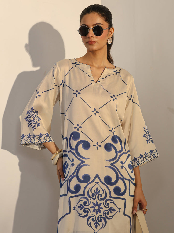 Off White Ethnic Printed Viscose Co-Ord Set